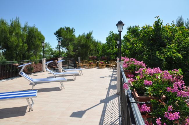 Una terrazza con sedie a sdraio a righe bianche e blu, circondata da fiori rosa e piante verdi.