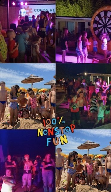Collage di bambini che giocano sulla spiaggia e ballano di sera.