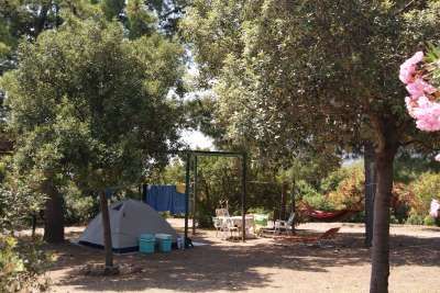Area camping con tenda, amaca e alberi ombrosi.