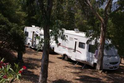 Due camper bianchi parcheggiati tra alberi in un'area verde.
