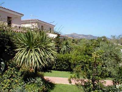 Giardino con piante tropicali e vista su case e montagne.