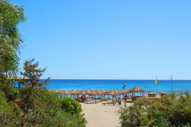 Spiaggia sabbiosa con mare azzurro e ombrelloni.