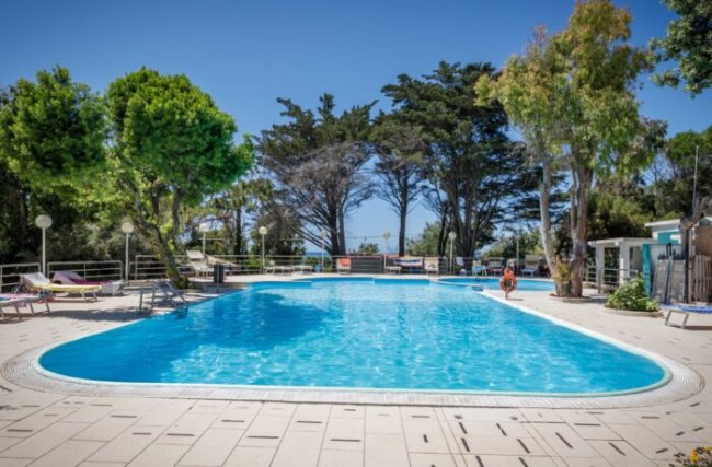 Una piscina all'aperto circondata da alberi e lettini.