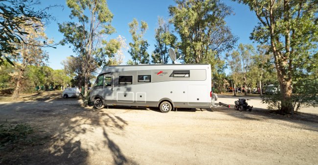 Camper parcheggiato su sterrato tra alberi.