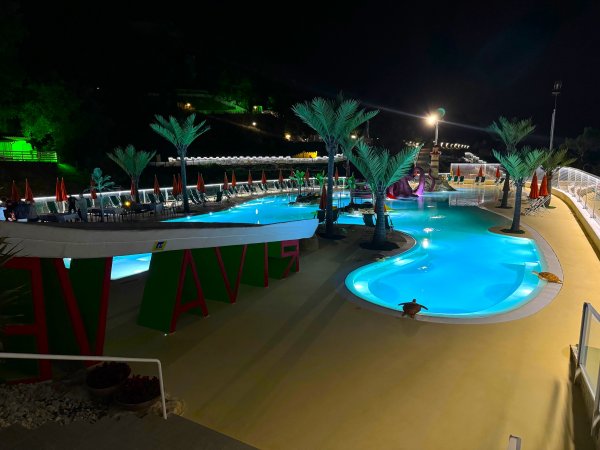 Piscina illuminata di notte, circondata da palme e sedie a sdraio.