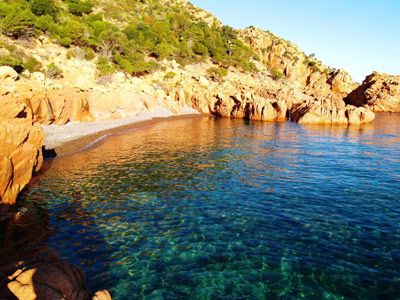 Costa rocciosa con acqua trasparente e vegetazione sullo sfondo.